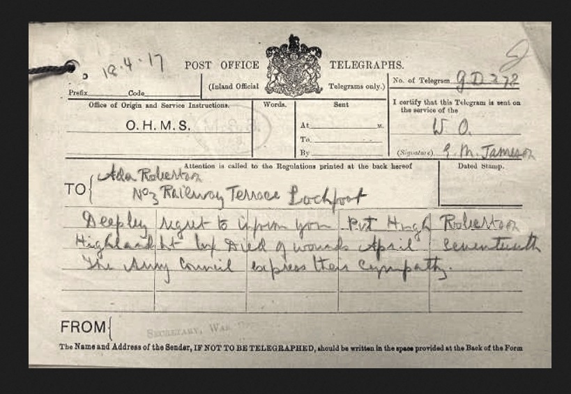 telegram sent to Ada to to tell her Hughie was dead