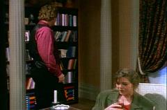 the bookcase to the right of the fireplace