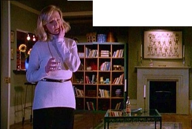 Living room wall from kitchen to bookcase.